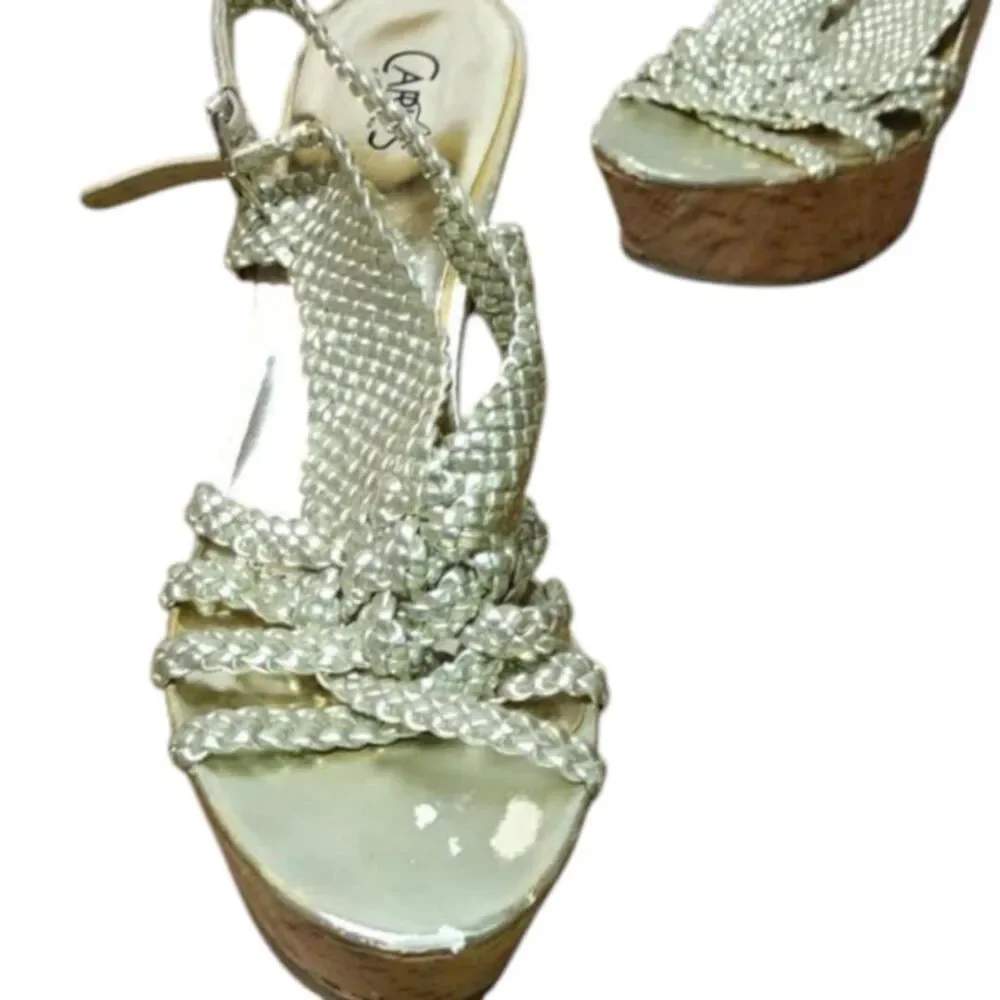 Carlos Santana Gold Woven Cork Platform Wedges 8.5M!